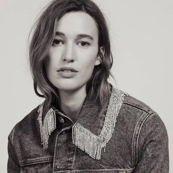 SANDRO Crystal Rhinestone Fringe Collar‎ Oversized Denim Trucker Jean Jacket M - Picture 4 of 15